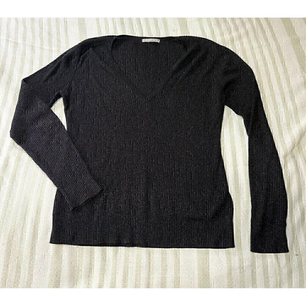 H&M Ribbed V-Neck Long Sleeve Stretch Top Women’s Large Black Sparkley Glittery
